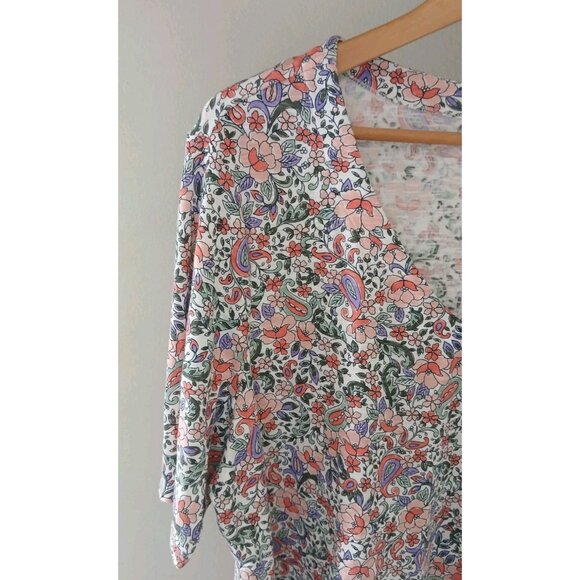 J. Jill Pima Slub Elbow Sleeve Top Plus Size 2X Pink Floral V Neck Popover - Picture 3 of 10